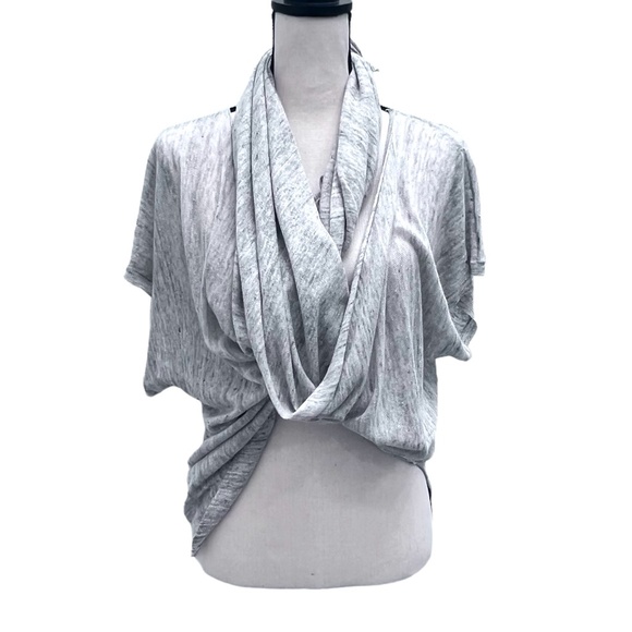 PURE DKNY GRAY MARLED LINEN SHORT SLEEVE MULTIWAY DRAPE FRONT OPEN CARDIGAN - Picture 3 of 14